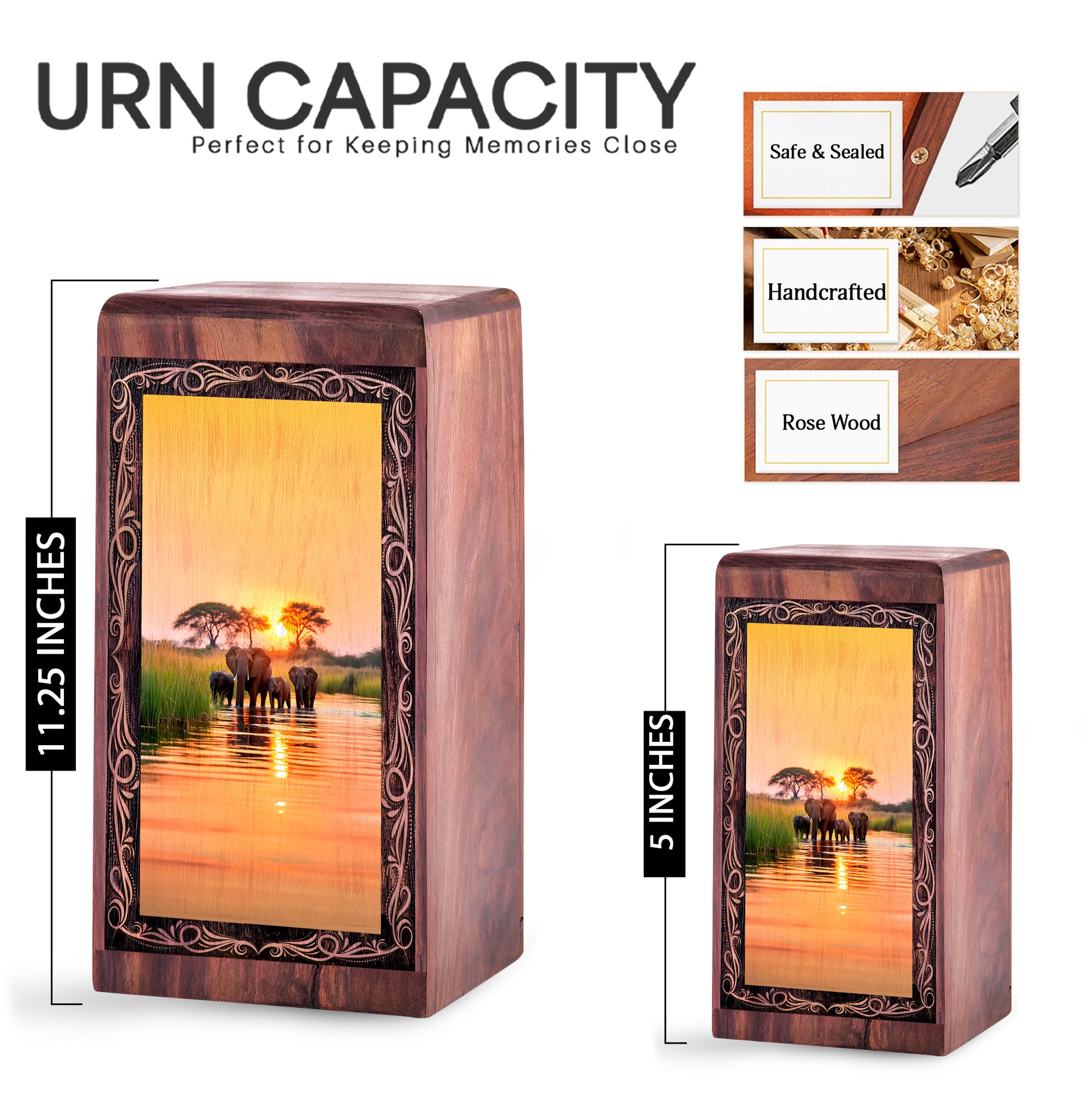 Sunset Water Elephant Theme Cremation Urn Box - Funeral Cremation Urn For Burial
