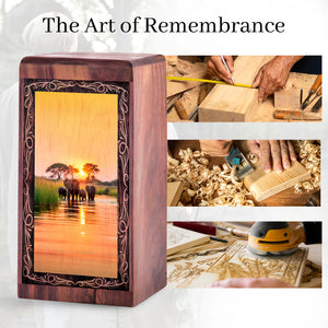 Sunset Water Elephant Theme Cremation Urn Box - Funeral Cremation Urn For Burial
