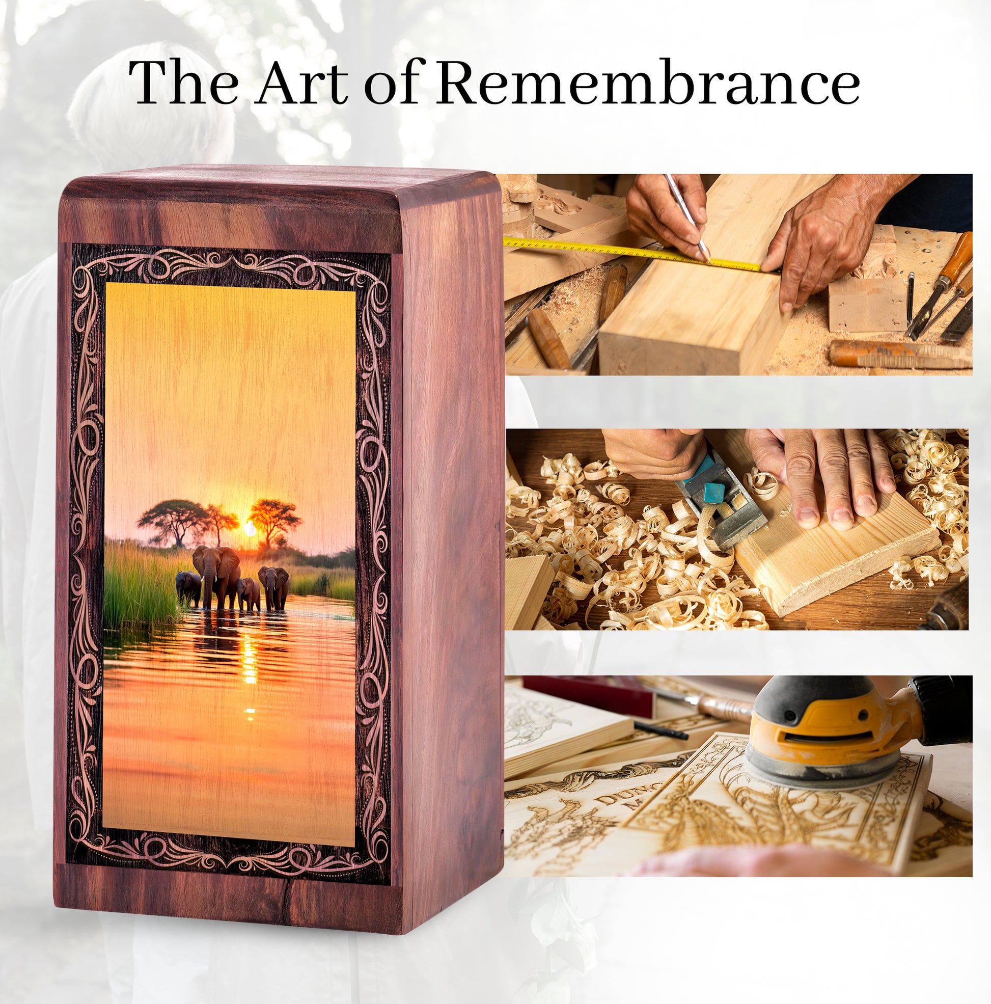 Sunset Water Elephant Theme Cremation Urn Box - Funeral Cremation Urn For Burial