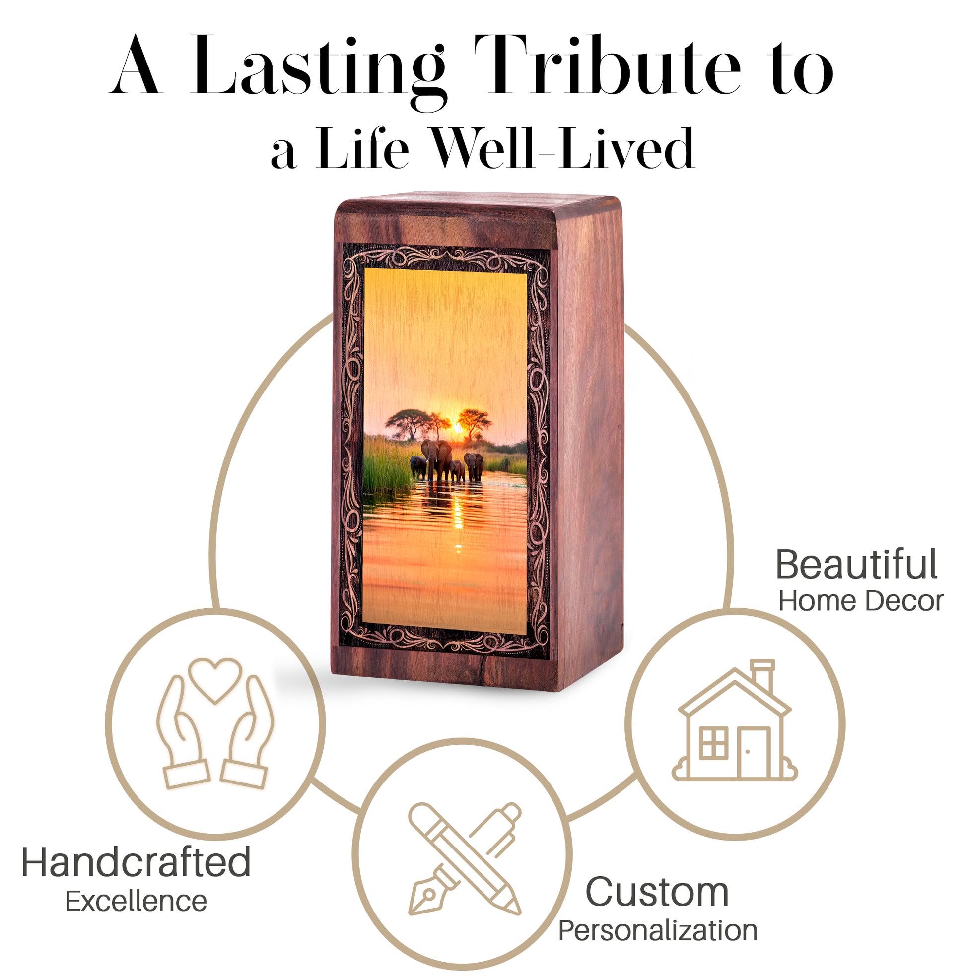 Sunset Water Elephant Theme Cremation Urn Box - Funeral Cremation Urn For Burial