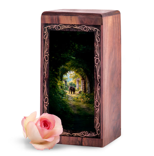 Elephant Cremation Urn For Burial - Forest Arch Theme Funeral Box For Human Adults