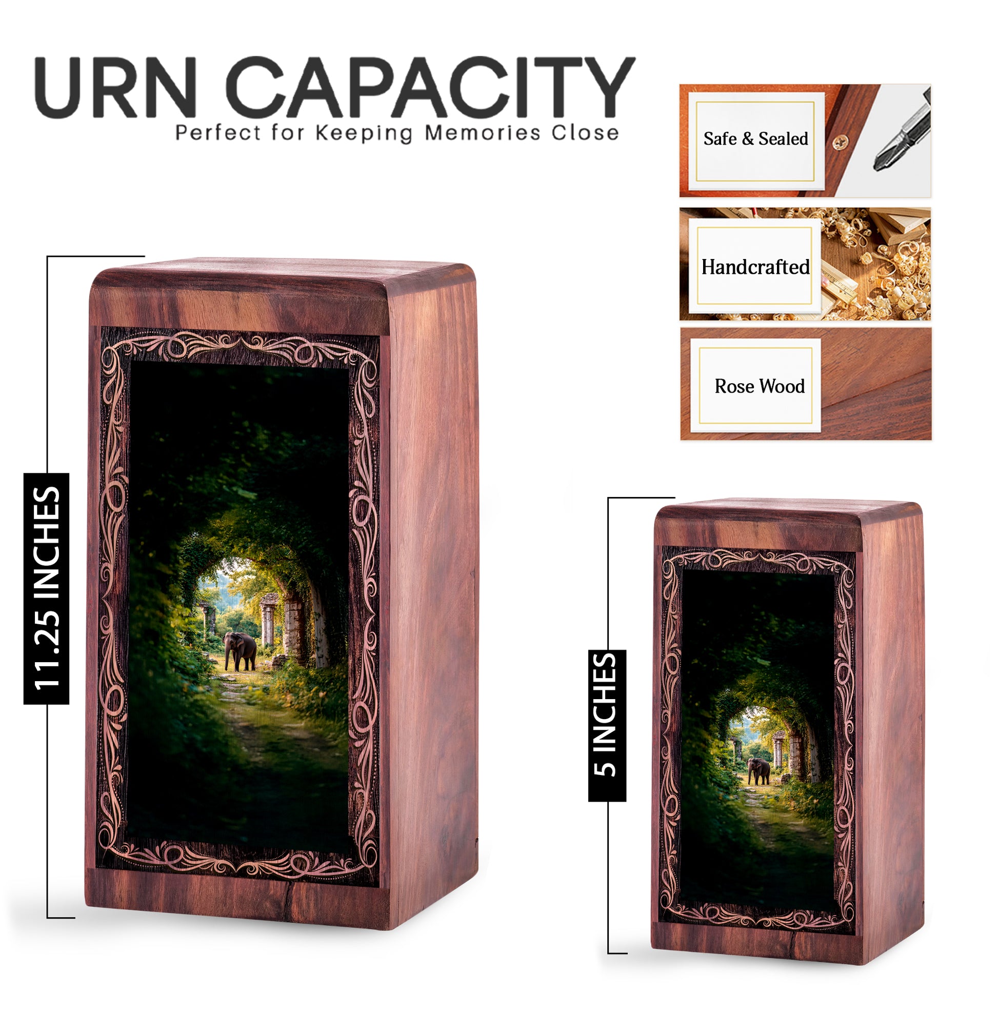 Elephant Cremation Urn For Burial - Forest Arch Theme Funeral Box For Human Adults