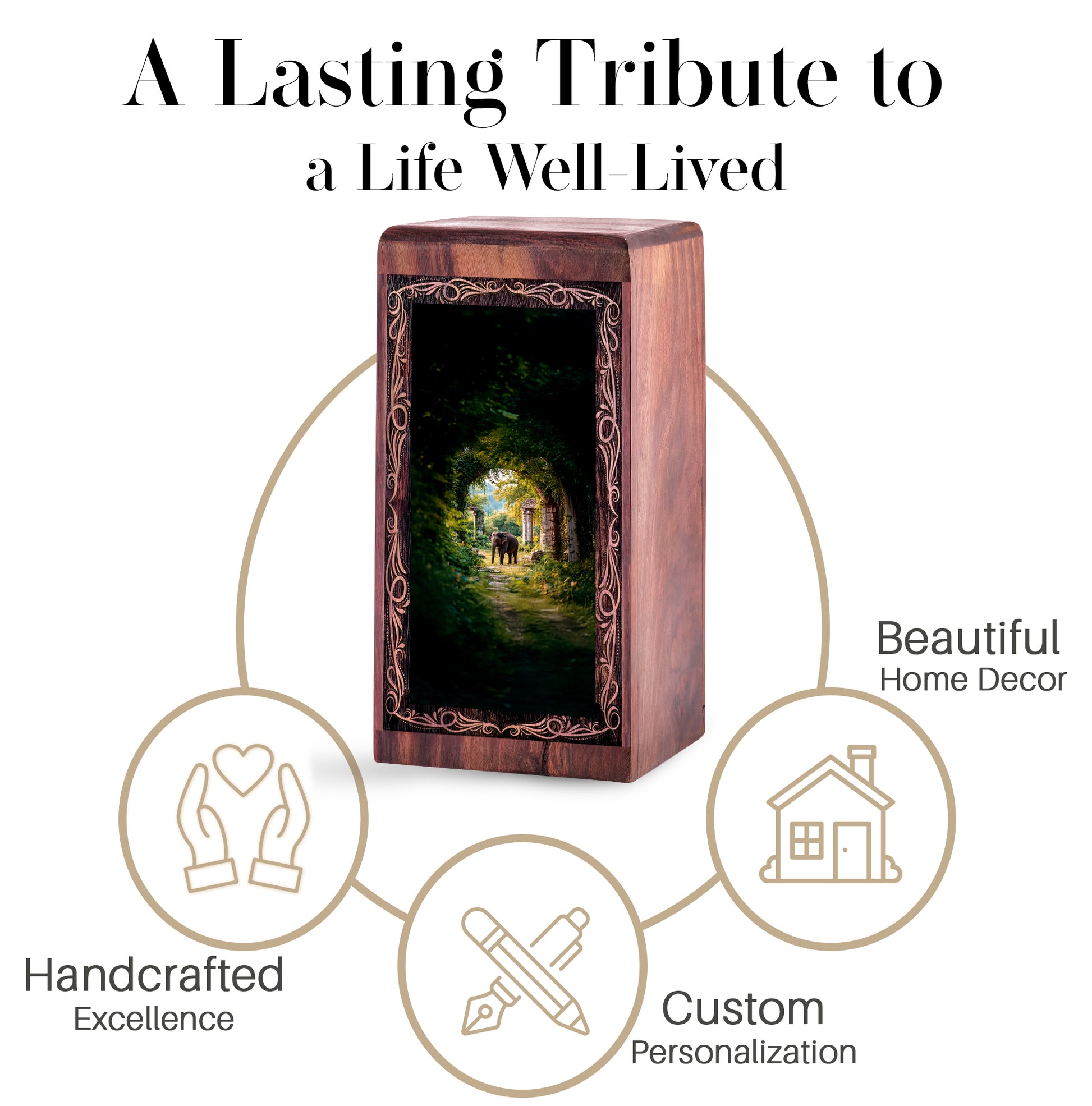 Elephant Cremation Urn For Burial - Forest Arch Theme Funeral Box For Human Adults