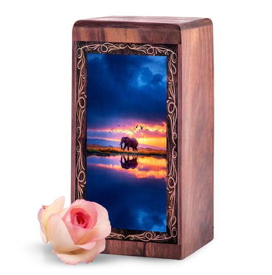 Peaceful Lake Elephant Urn Box - Cremation Urns Wooden Box For Mom & Dad