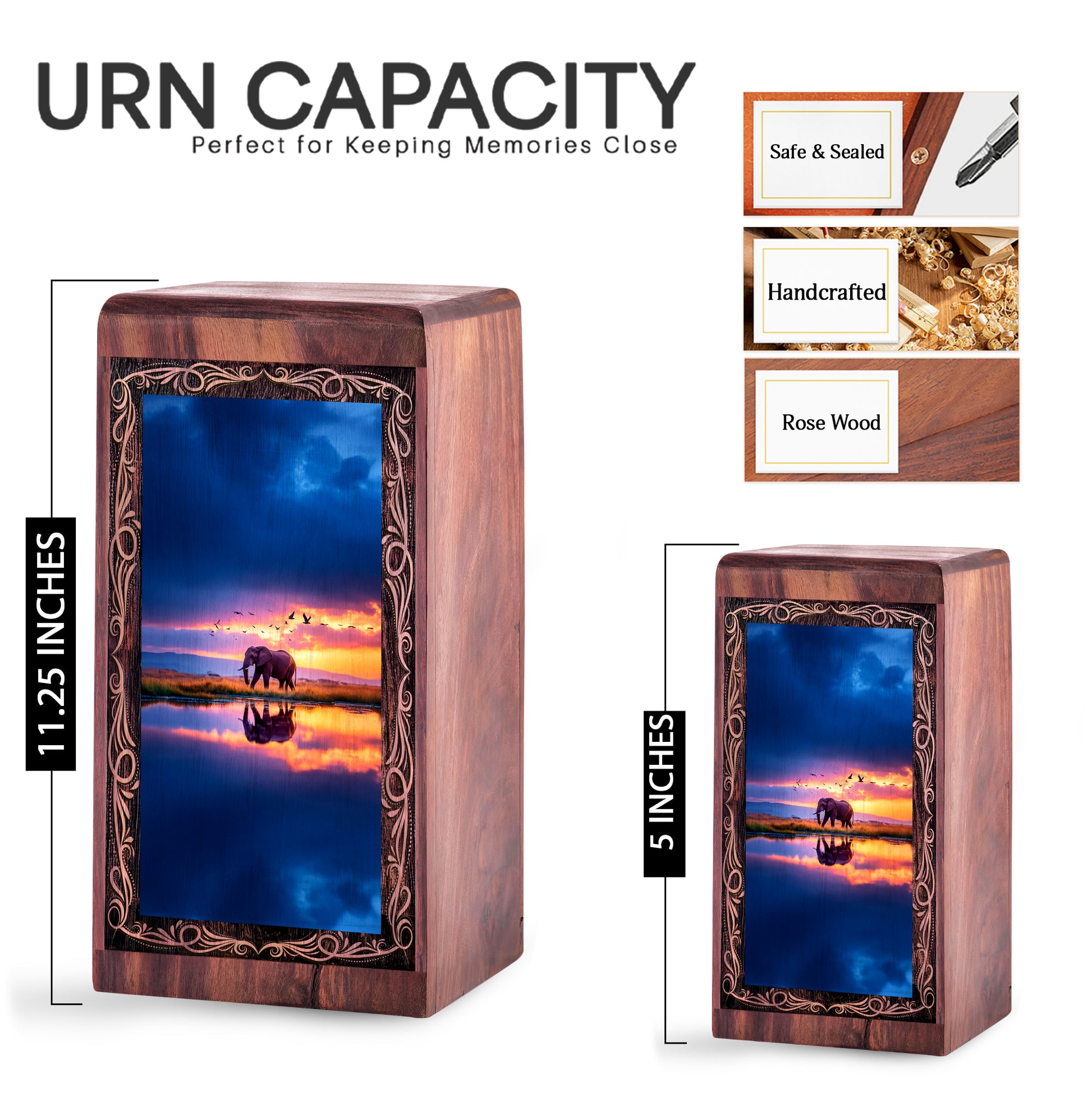 Peaceful Lake Elephant Urn Box - Cremation Urns Wooden Box For Mom & Dad