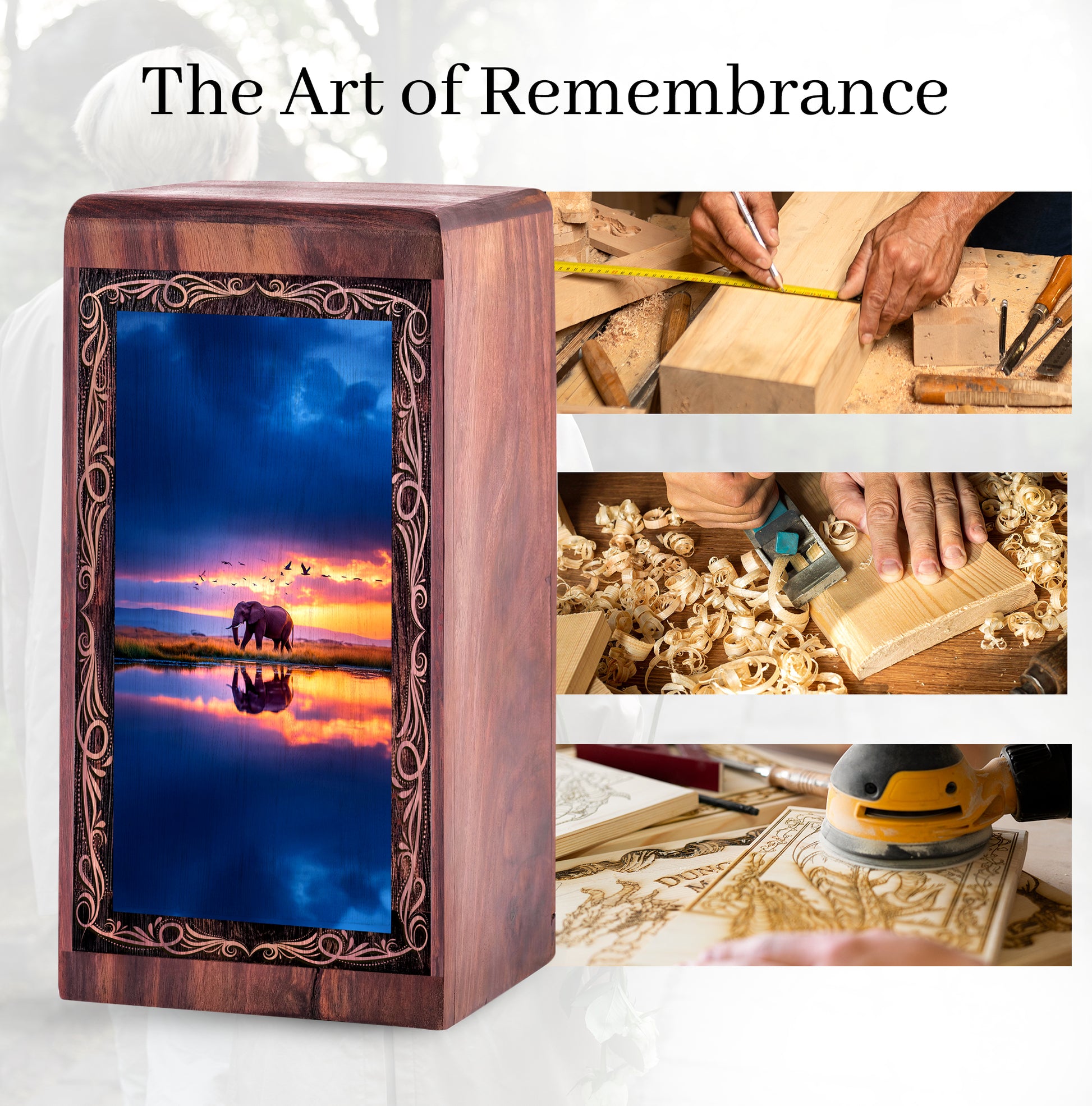 Peaceful Lake Elephant Urn Box - Cremation Urns Wooden Box For Mom & Dad