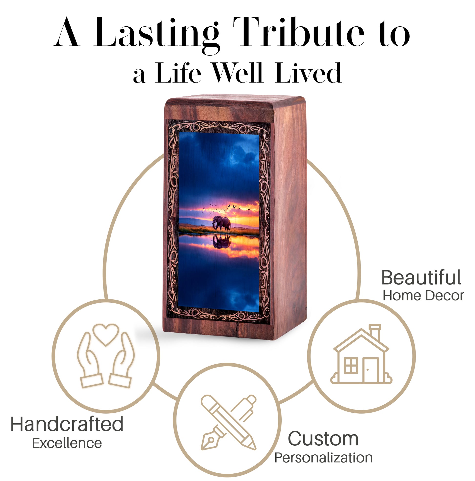 Peaceful Lake Elephant Urn Box - Cremation Urns Wooden Box For Mom & Dad
