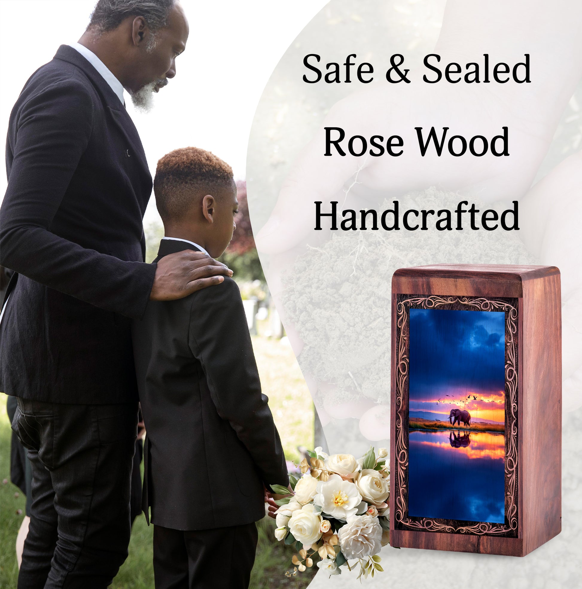 Peaceful Lake Elephant Urn Box - Cremation Urns Wooden Box For Mom & Dad