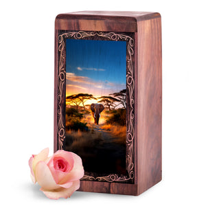 Sunset Path Elephant Cremation Urn Box - Wooden Memorial Cremation Urn For Ashes