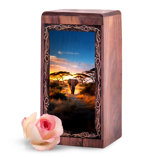 Sunset Path Elephant Cremation Urn Box - Wooden Memorial Cremation Urn For Ashes