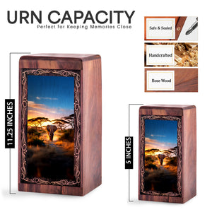 Sunset Path Elephant Cremation Urn Box - Wooden Memorial Cremation Urn For Ashes