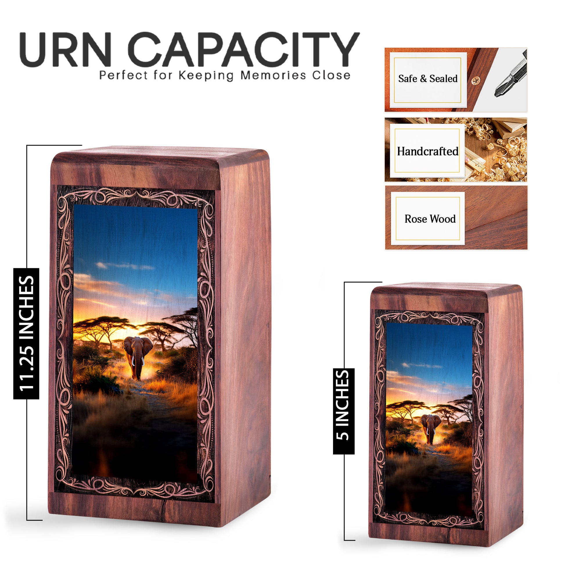 Sunset Path Elephant Cremation Urn Box - Wooden Memorial Cremation Urn For Ashes