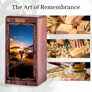 Sunset Path Elephant Cremation Urn Box - Wooden Memorial Cremation Urn For Ashes