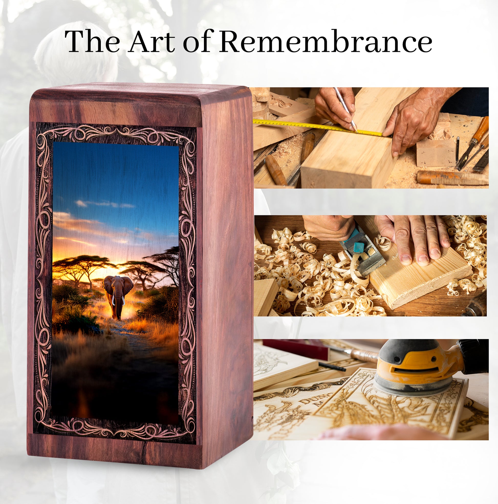 Sunset Path Elephant Cremation Urn Box - Wooden Memorial Cremation Urn For Ashes