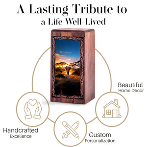 Sunset Path Elephant Cremation Urn Box - Wooden Memorial Cremation Urn For Ashes