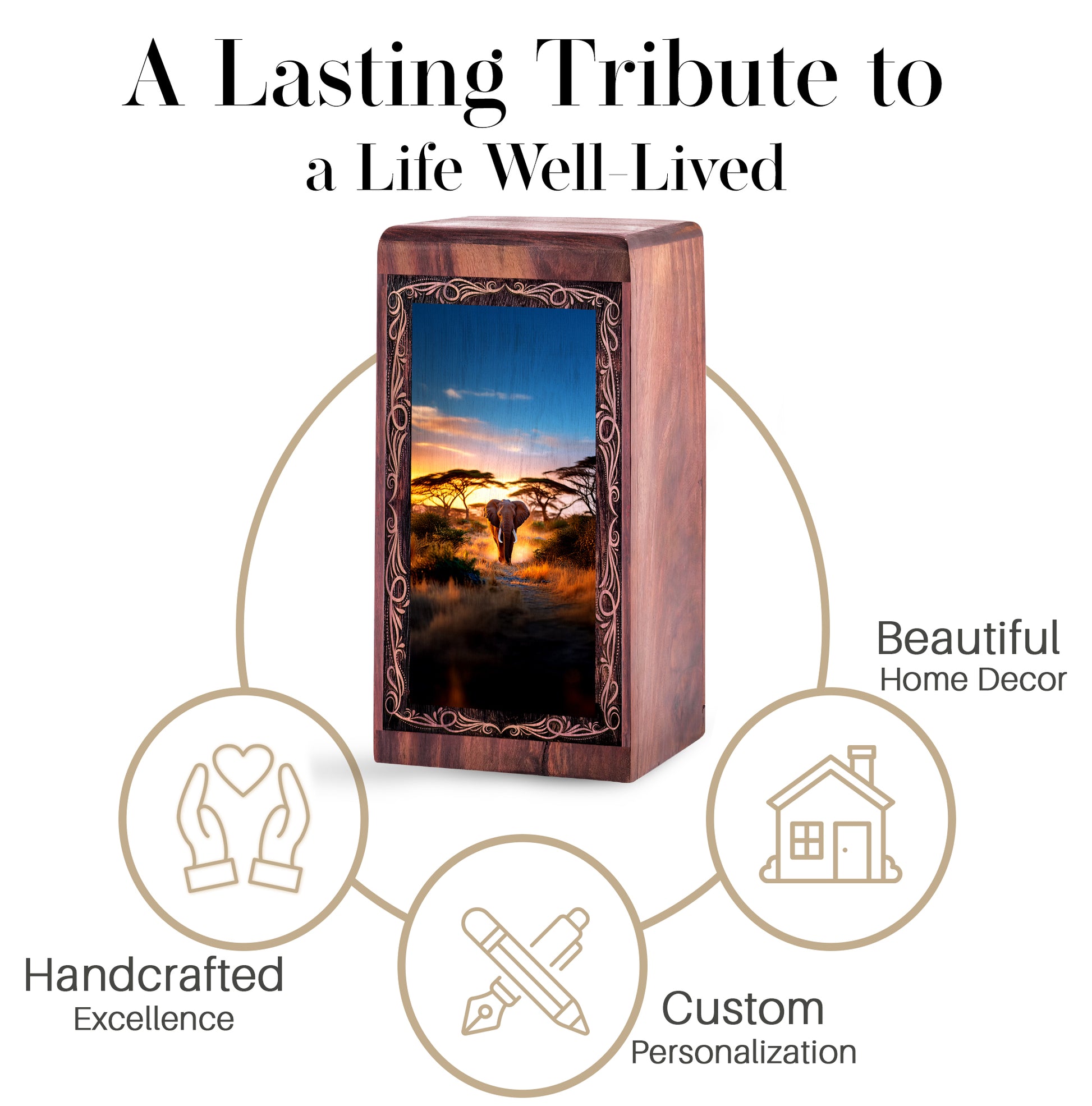 Sunset Path Elephant Cremation Urn Box - Wooden Memorial Cremation Urn For Ashes