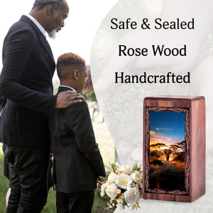 Sunset Path Elephant Cremation Urn Box - Wooden Memorial Cremation Urn For Ashes