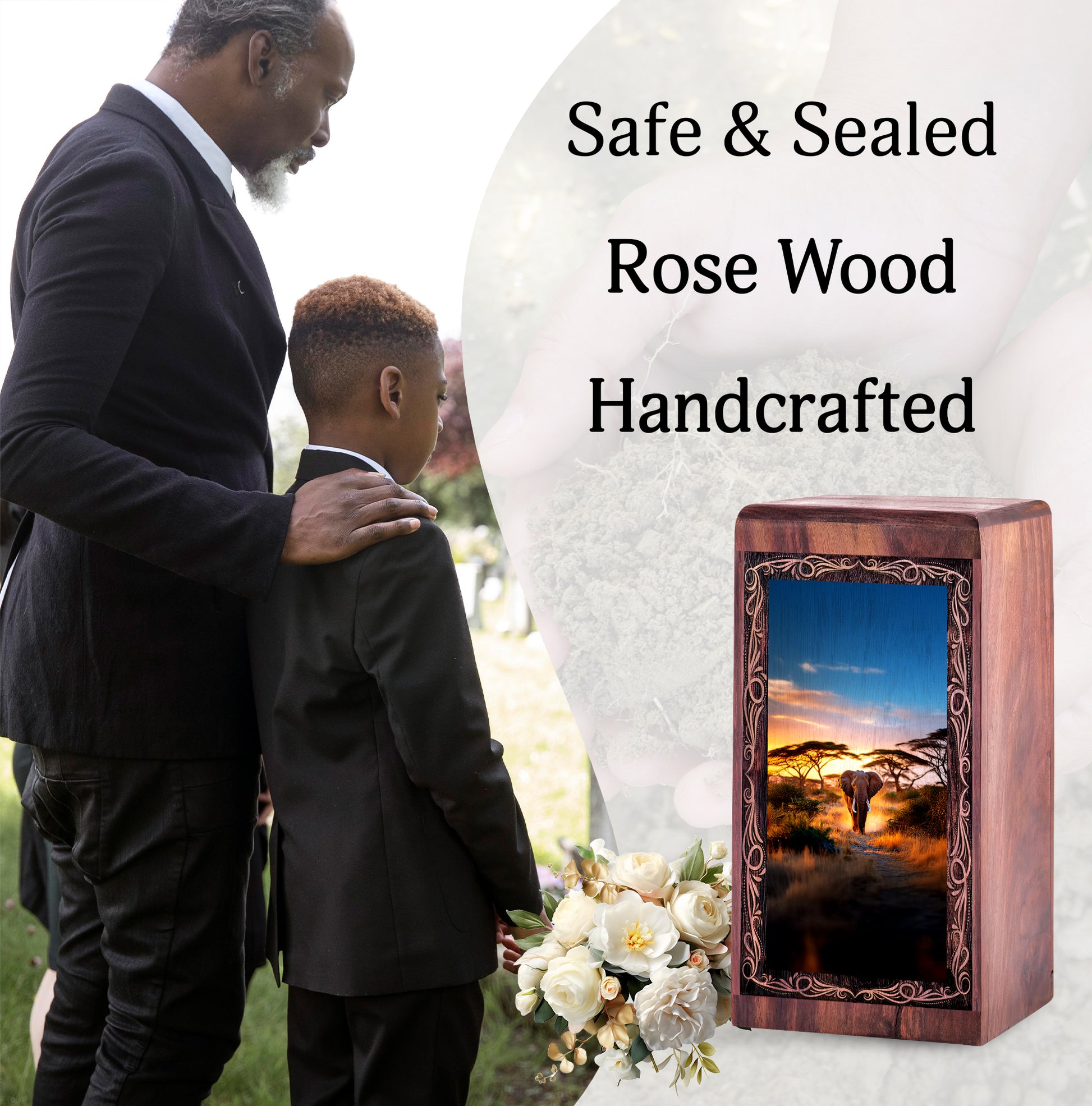 Sunset Path Elephant Cremation Urn Box - Wooden Memorial Cremation Urn For Ashes
