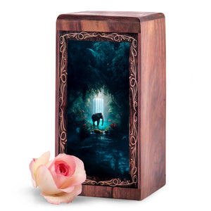 Nature Waterfall Elephant Theme Urn Box - Handmade Wooden Cremation Urn For Female