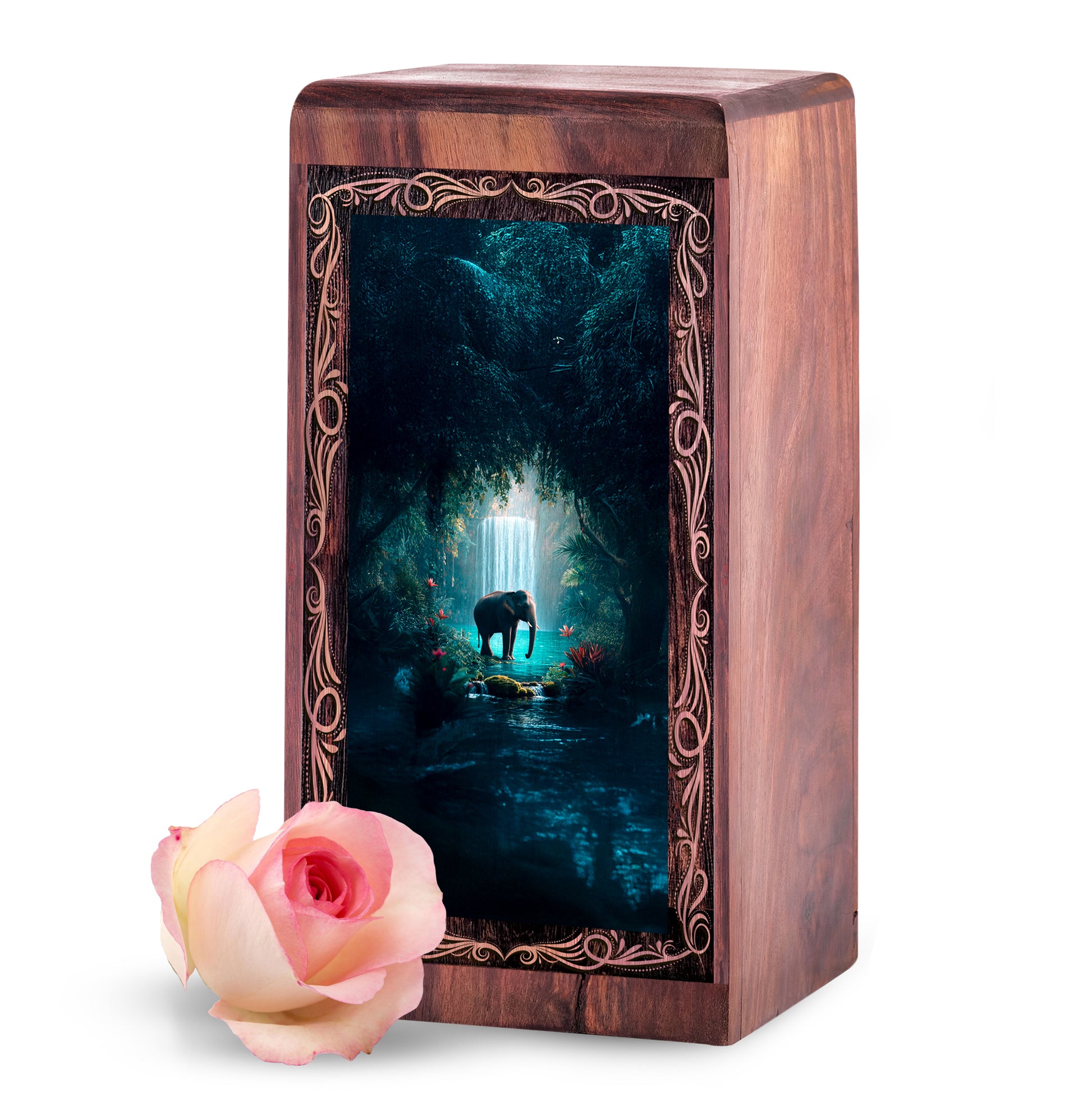 Nature Waterfall Elephant Theme Urn Box - Handmade Wooden Cremation Urn For Female