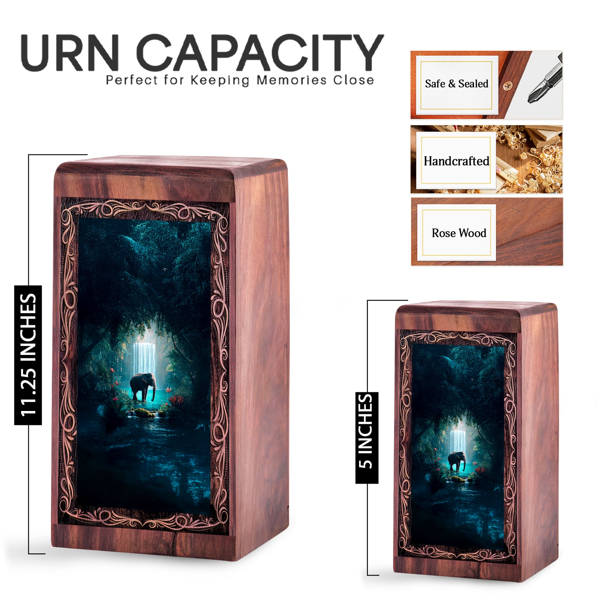Nature Waterfall Elephant Theme Urn Box - Handmade Wooden Cremation Urn For Female
