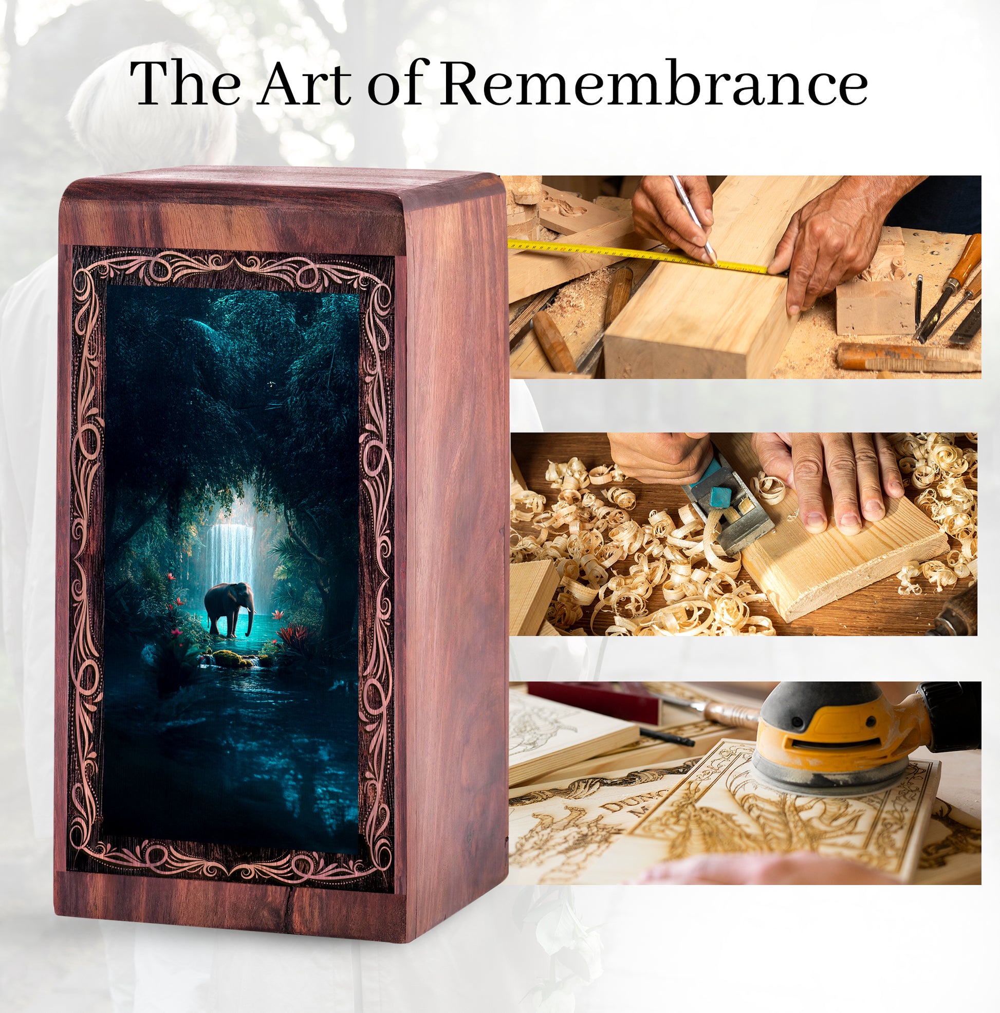 Nature Waterfall Elephant Theme Urn Box - Handmade Wooden Cremation Urn For Female
