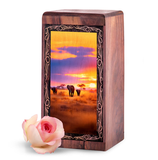 Golden Sunset Elephant Theme Urn - Handmade Cremation Urn For Adult Females