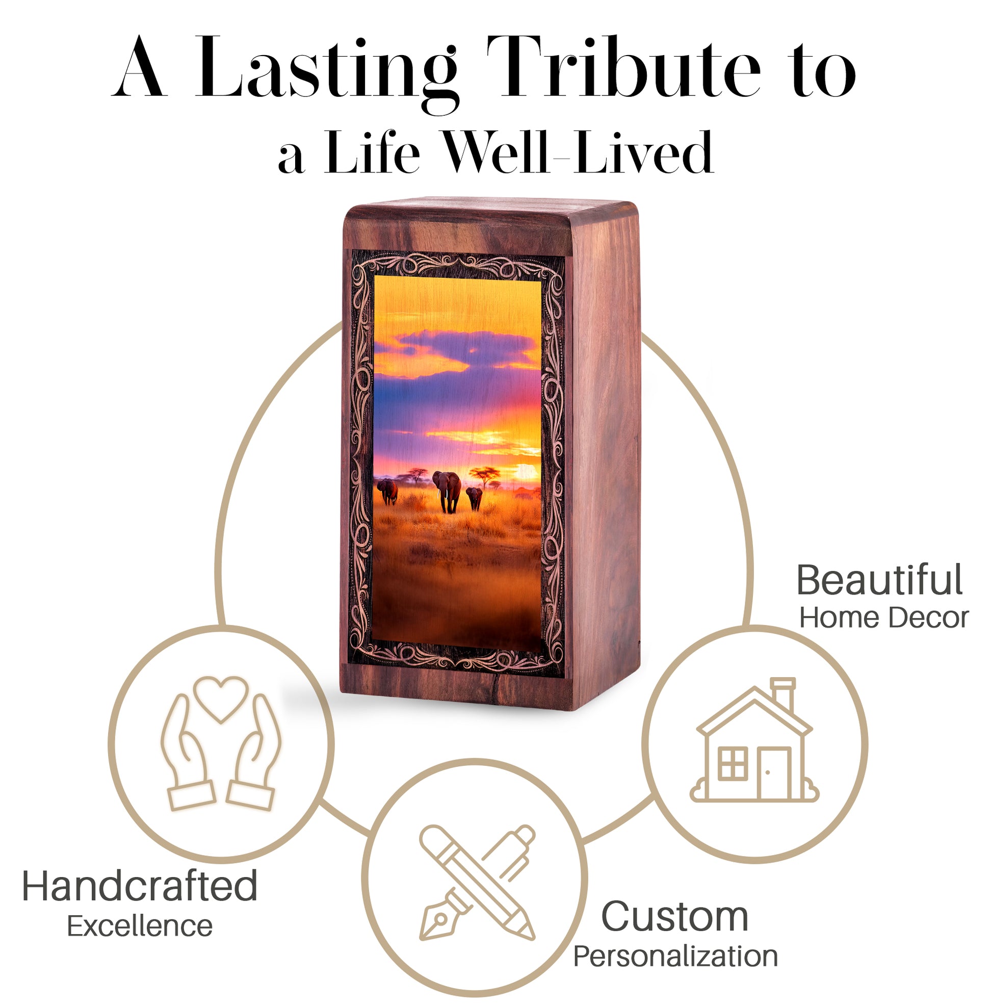 Golden Sunset Elephant Theme Urn - Handmade Cremation Urn For Adult Females