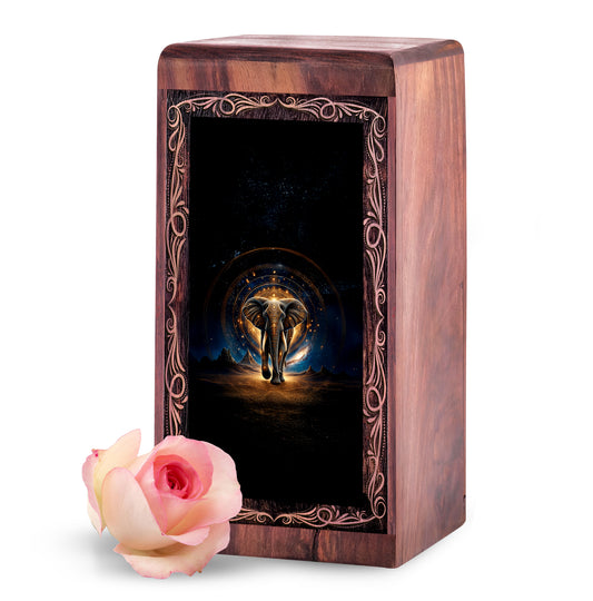 Sacred Cosmic Elephant Urn Box - Wooden Urn For Human Ashes Adult
