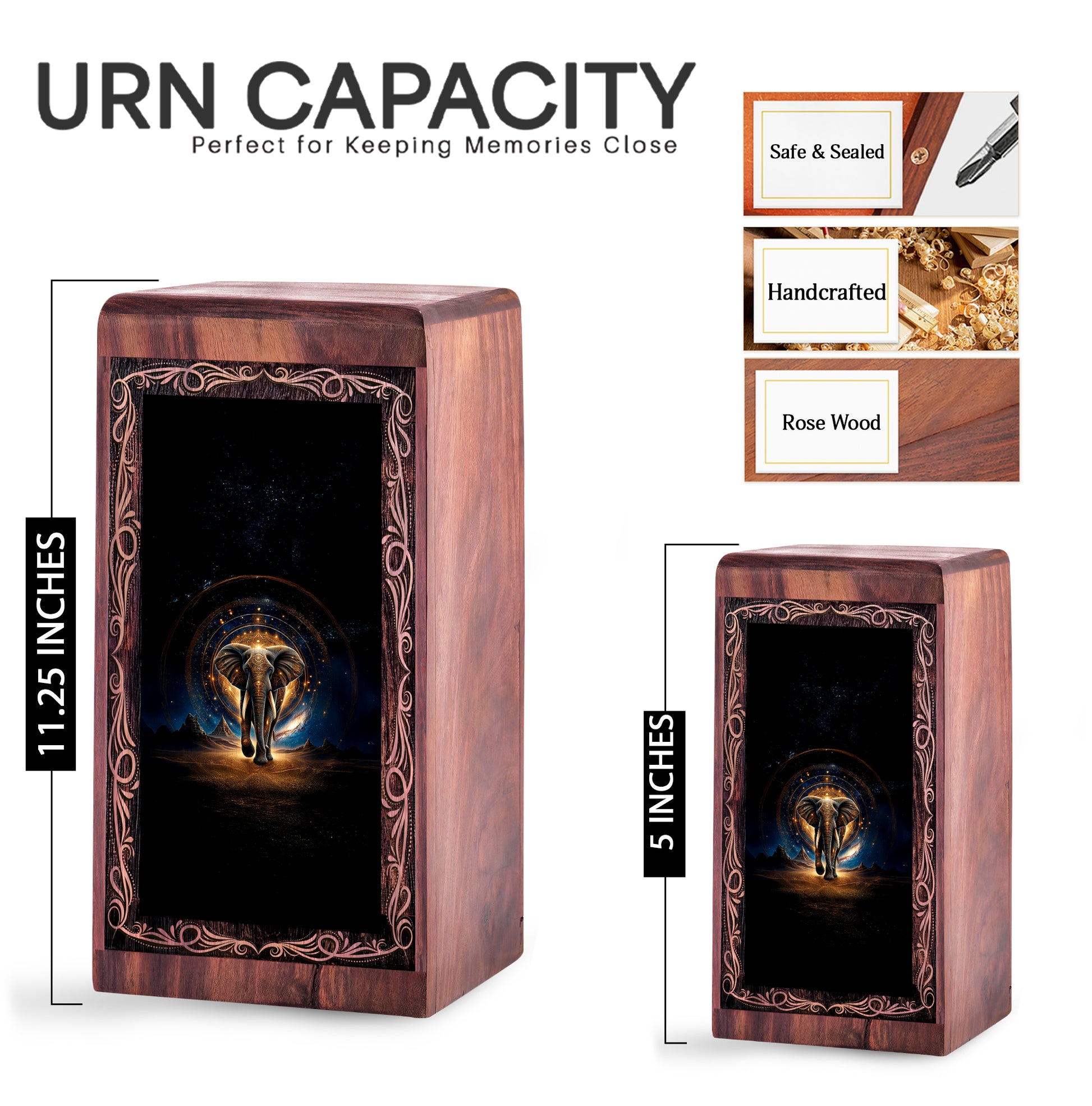 Sacred Cosmic Elephant Urn Box - Wooden Urn For Human Ashes Adult