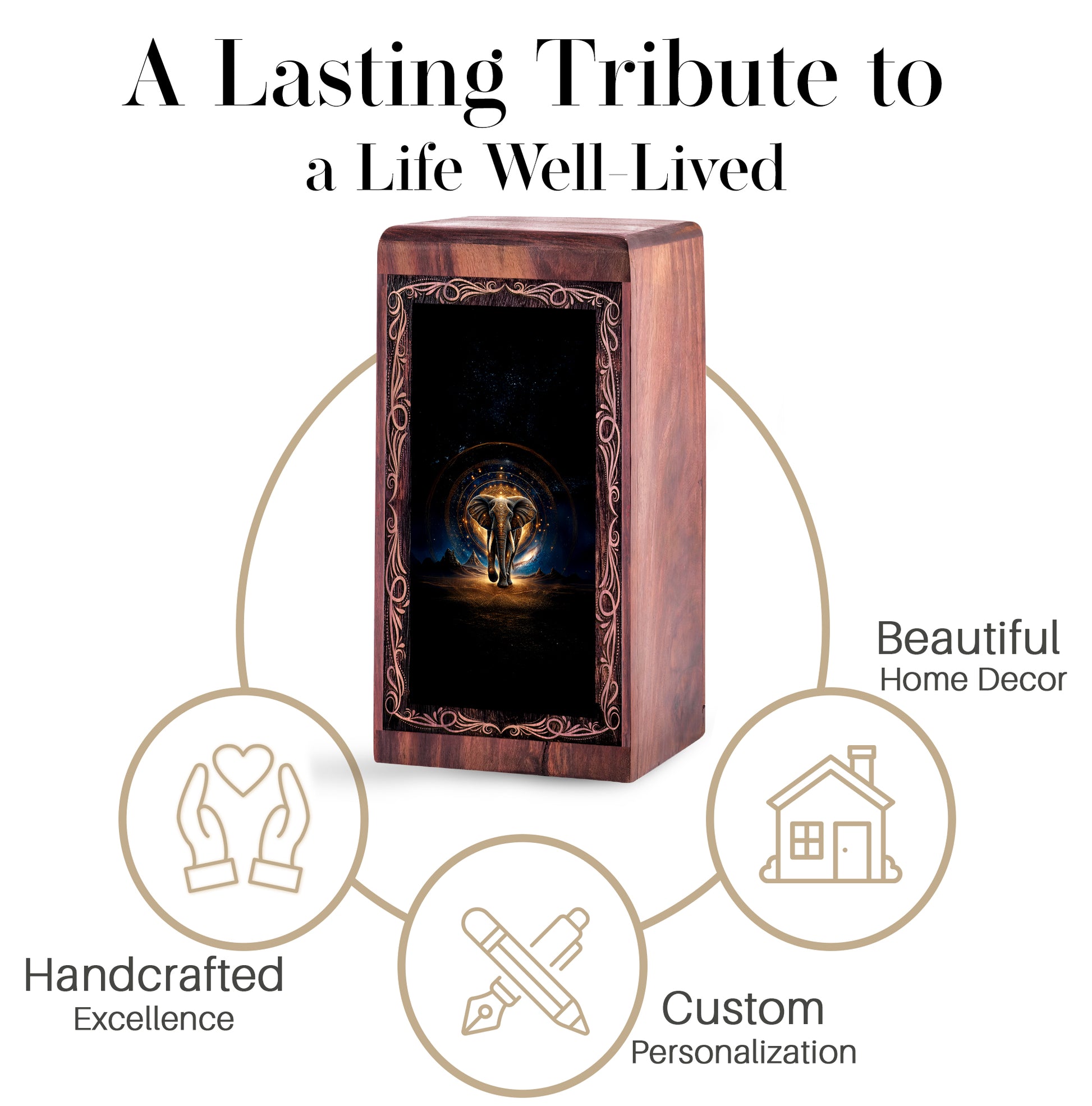 Sacred Cosmic Elephant Urn Box - Wooden Urn For Human Ashes Adult