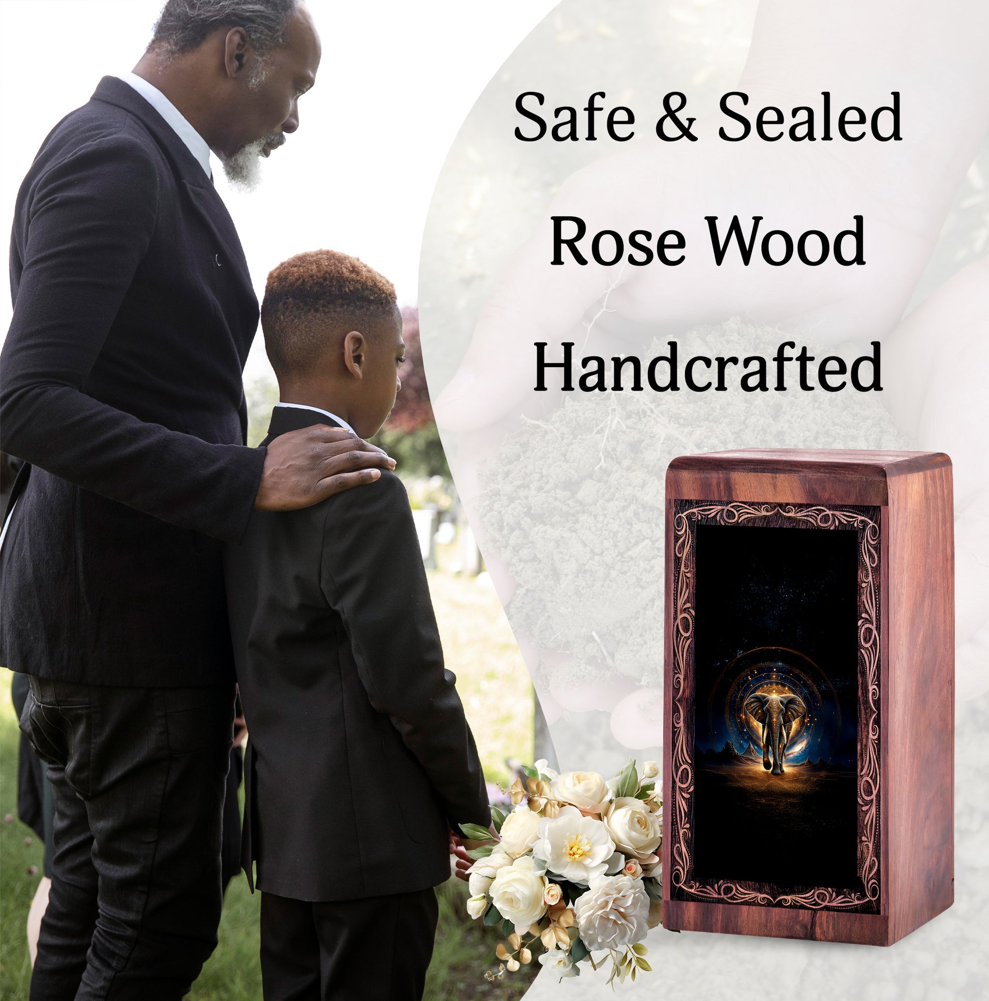 Sacred Cosmic Elephant Urn Box - Wooden Urn For Human Ashes Adult