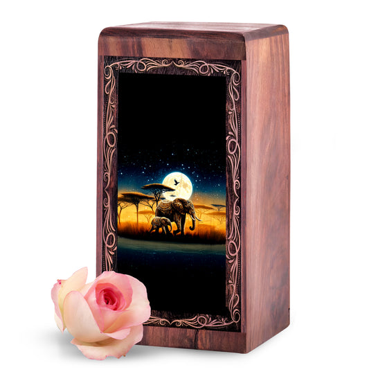 Full Moon Elephant Theme Urn Box - Handmade Cremation Urn For Burial