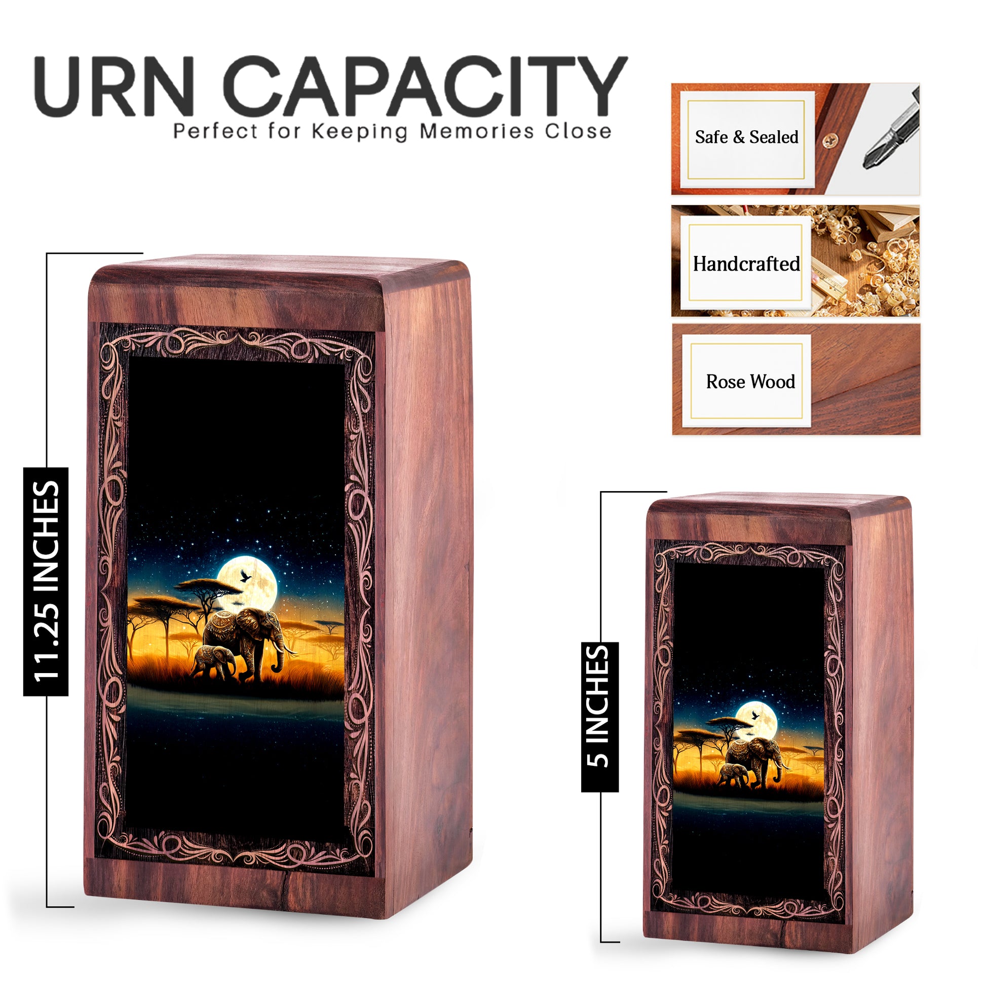 Full Moon Elephant Theme Urn Box - Handmade Cremation Urn For Burial