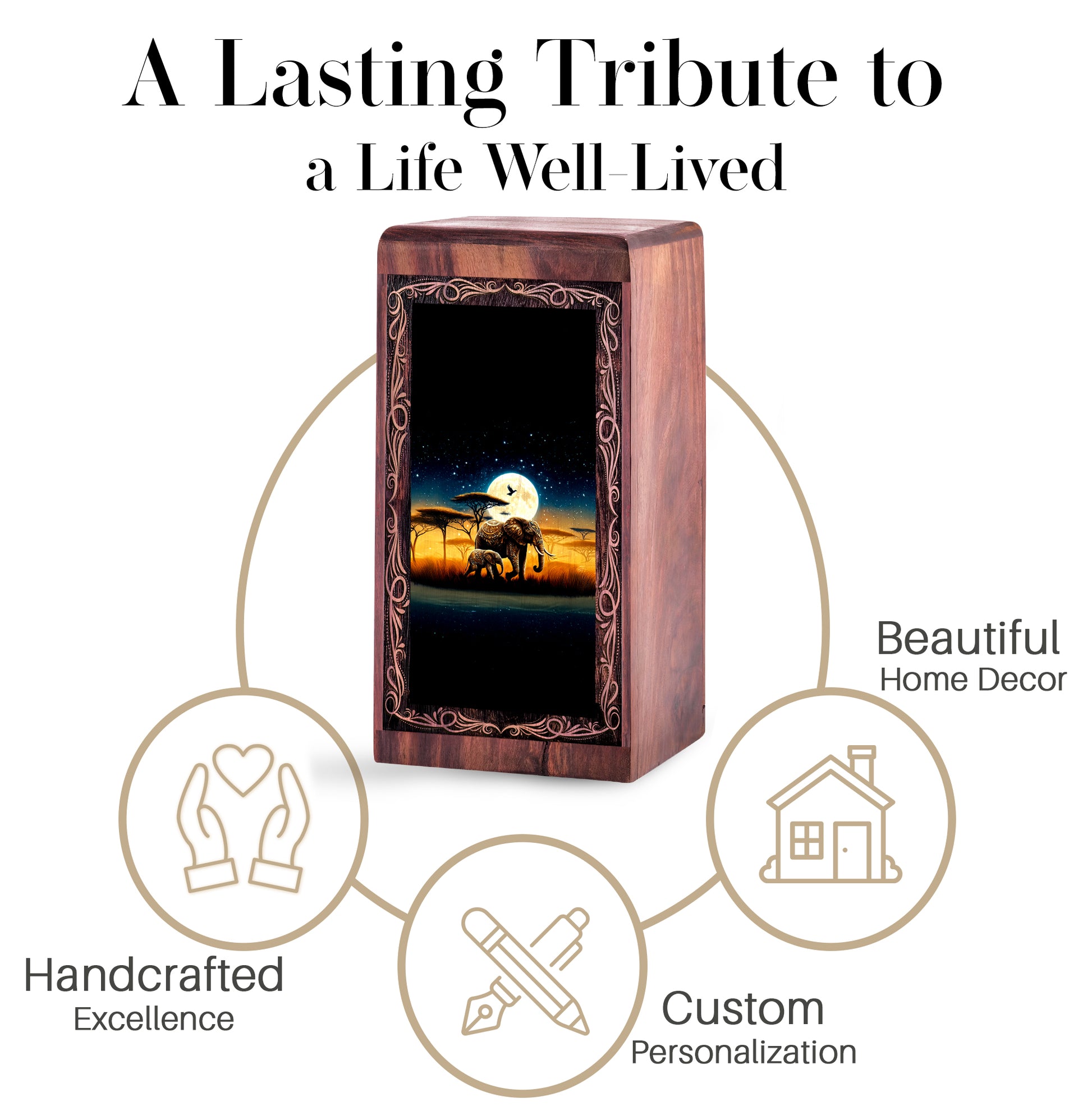 Full Moon Elephant Theme Urn Box - Handmade Cremation Urn For Burial