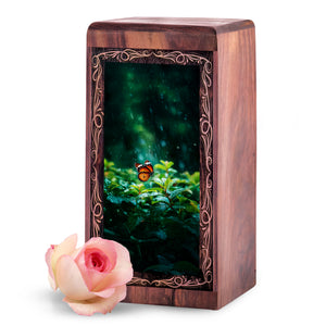 Mystic Butterfly Theme Cremation Urn Box - Wooden Memorial Urn For Male & Female