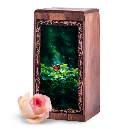 Mystic Butterfly Theme Cremation Urn Box - Wooden Memorial Urn For Male & Female