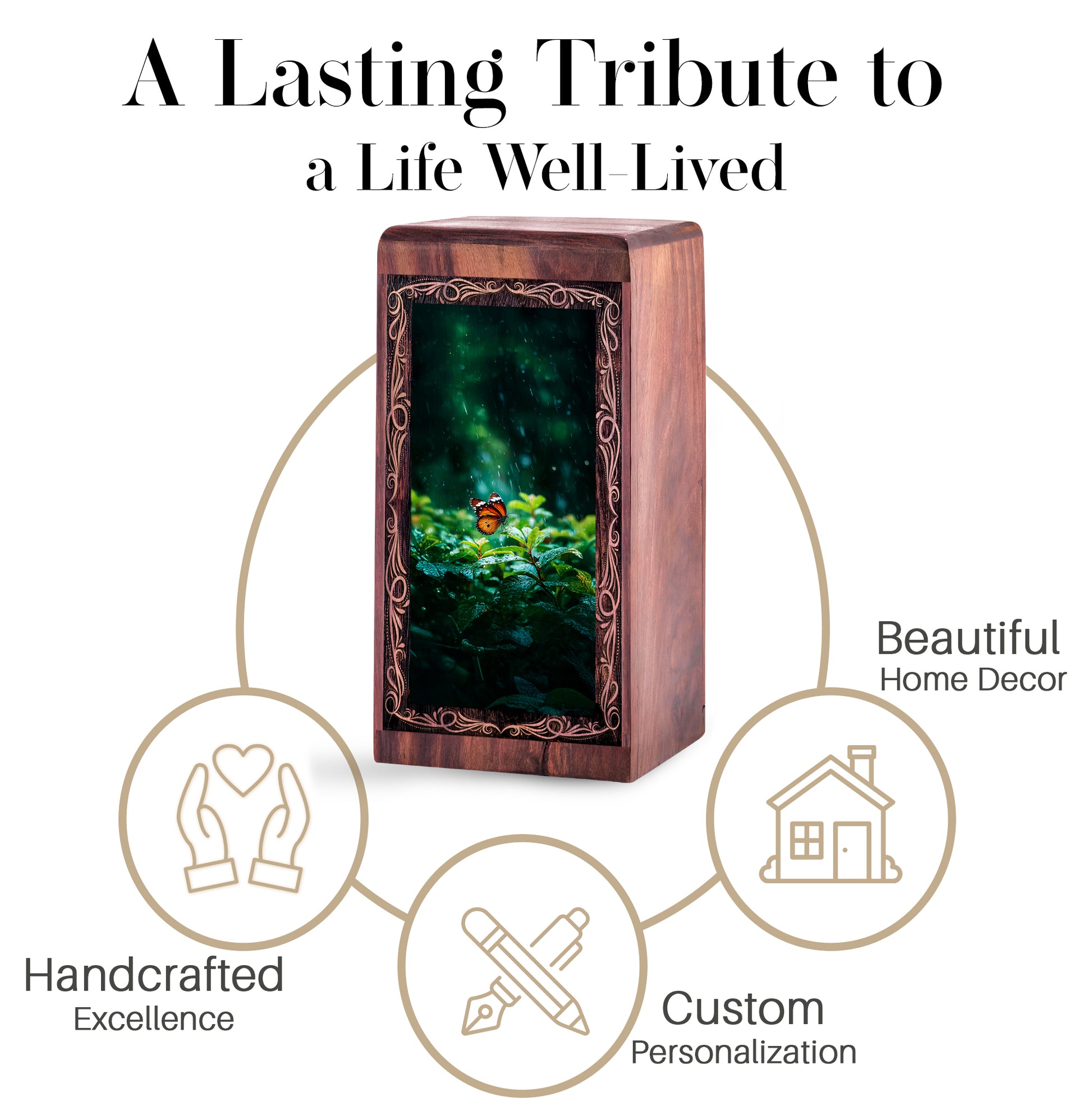 Mystic Butterfly Theme Cremation Urn Box - Wooden Memorial Urn For Male & Female