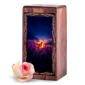 Butterfly Wooden Urn For Human Ashes - Floral Sunset Theme Memorial Urn Box