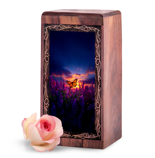 Butterfly Wooden Urn For Human Ashes - Floral Sunset Theme Memorial Urn Box
