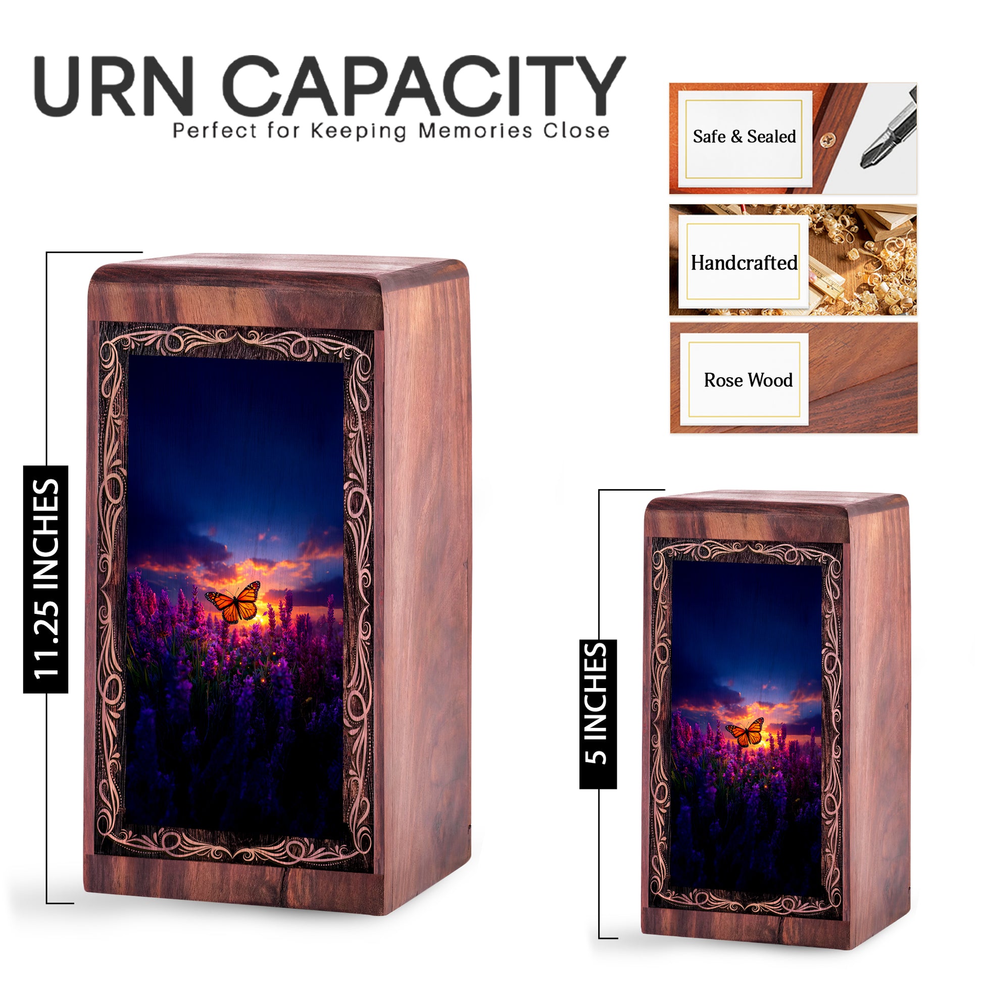 Butterfly Wooden Urn For Human Ashes - Floral Sunset Theme Memorial Urn Box