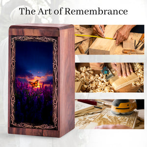 Butterfly Wooden Urn For Human Ashes - Floral Sunset Theme Memorial Urn Box
