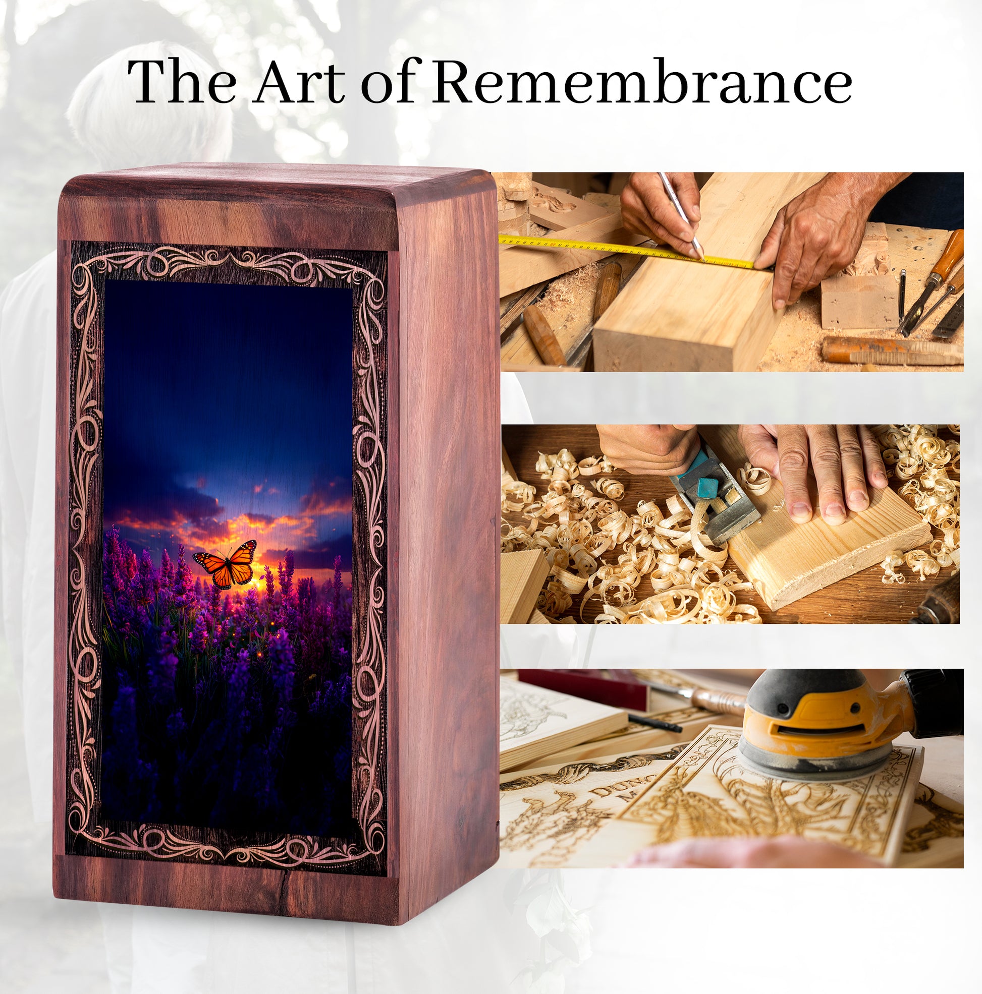 Butterfly Wooden Urn For Human Ashes - Floral Sunset Theme Memorial Urn Box