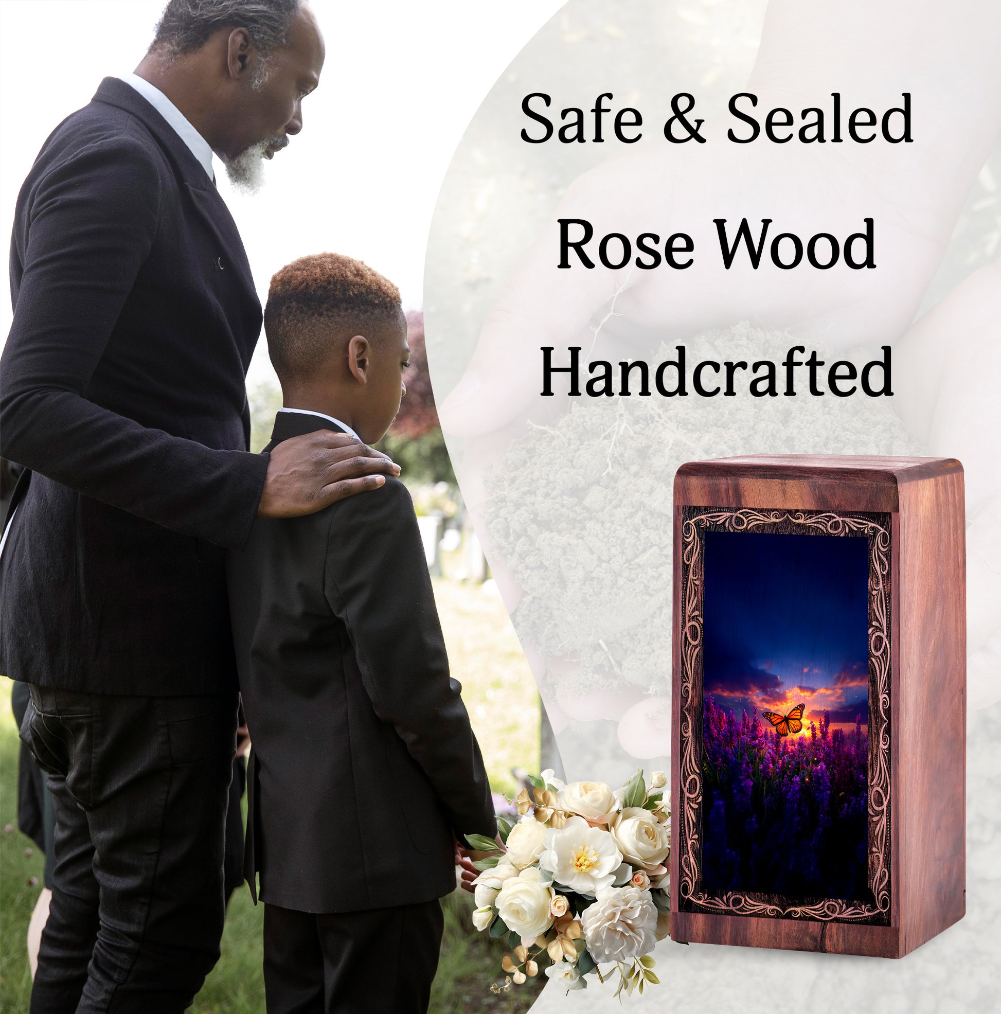 Butterfly Wooden Urn For Human Ashes - Floral Sunset Theme Memorial Urn Box