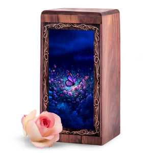 Night Glow Butterfly Wooden Urn Box - Memorial Creamtion Urn For Adult Male