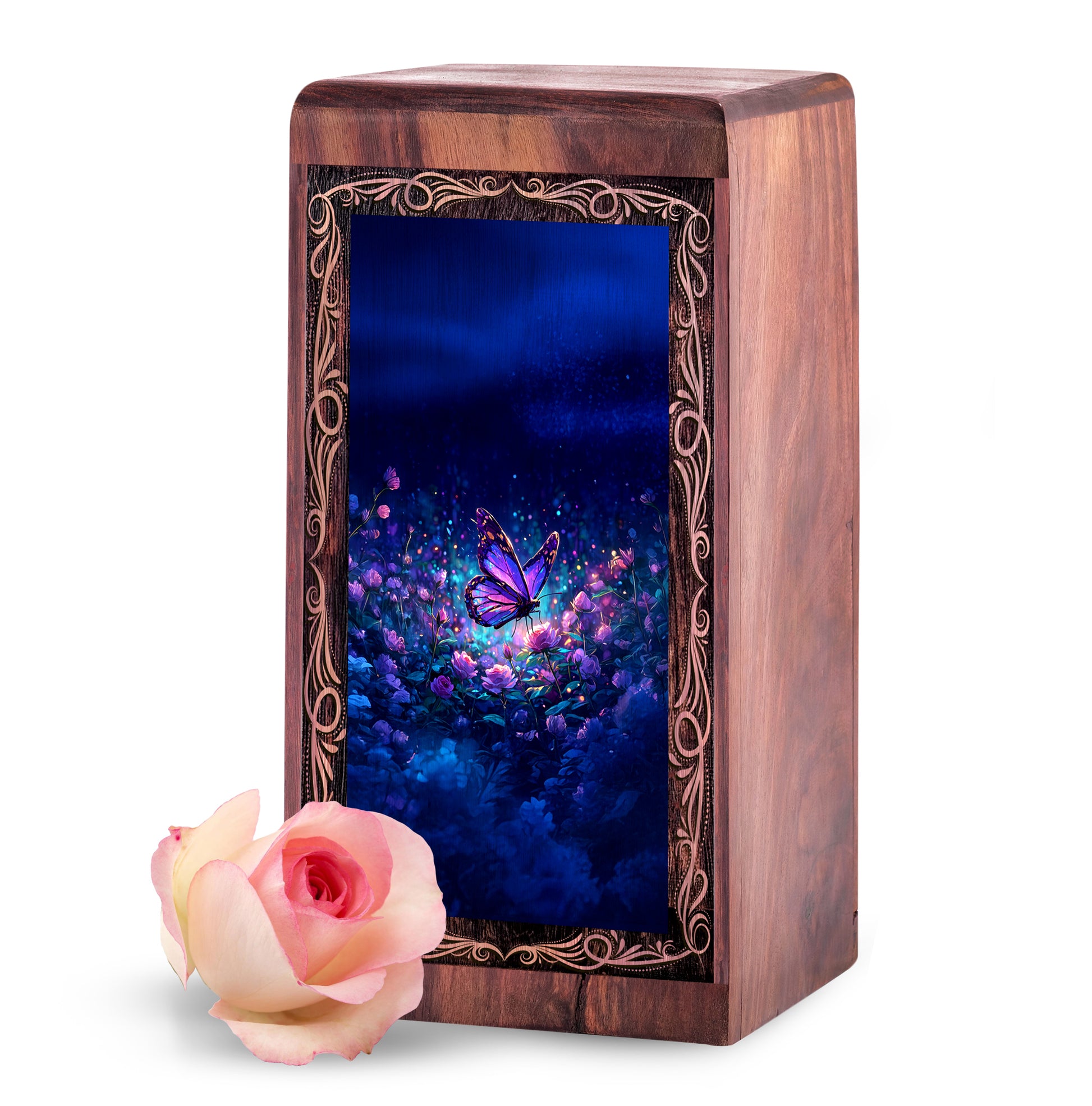 Night Glow Butterfly Wooden Urn Box - Memorial Creamtion Urn For Adult Male