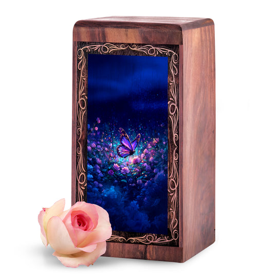 Night Glow Butterfly Wooden Urn Box - Memorial Creamtion Urn For Adult Male
