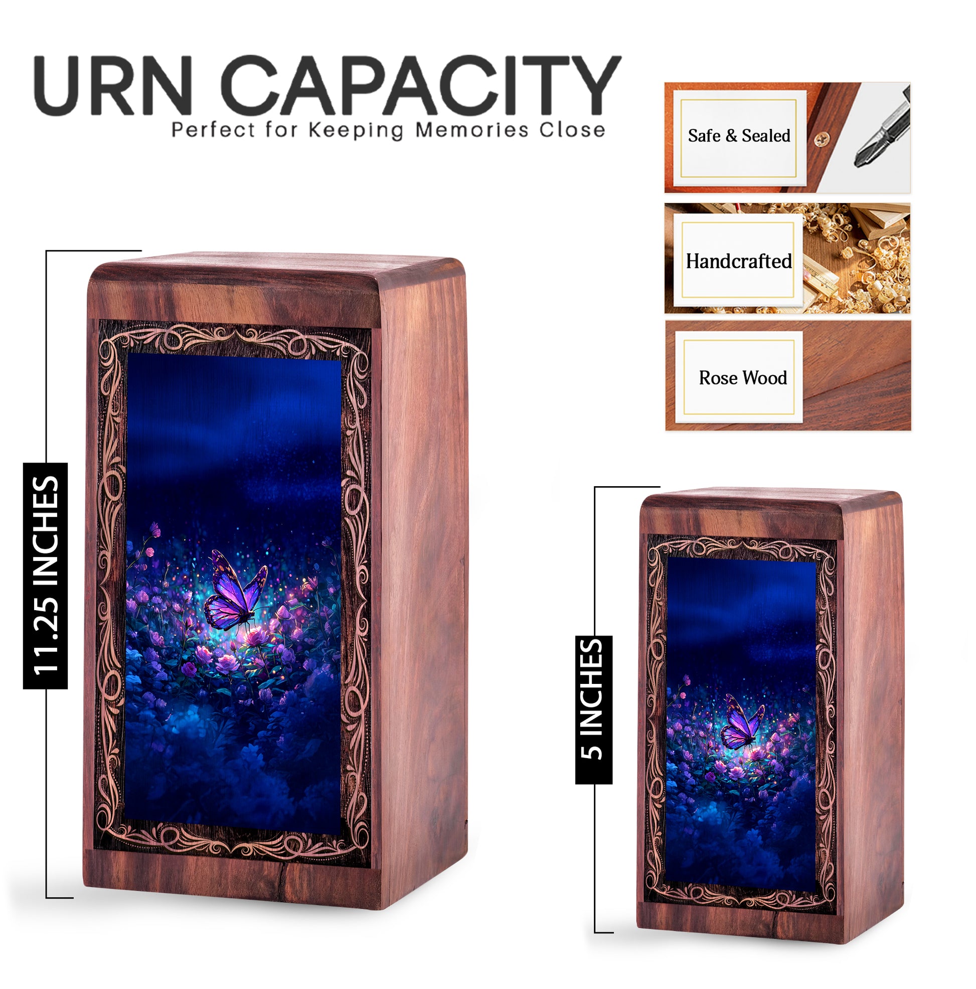 Night Glow Butterfly Wooden Urn Box - Memorial Creamtion Urn For Adult Male