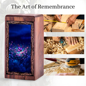 Night Glow Butterfly Wooden Urn Box - Memorial Creamtion Urn For Adult Male