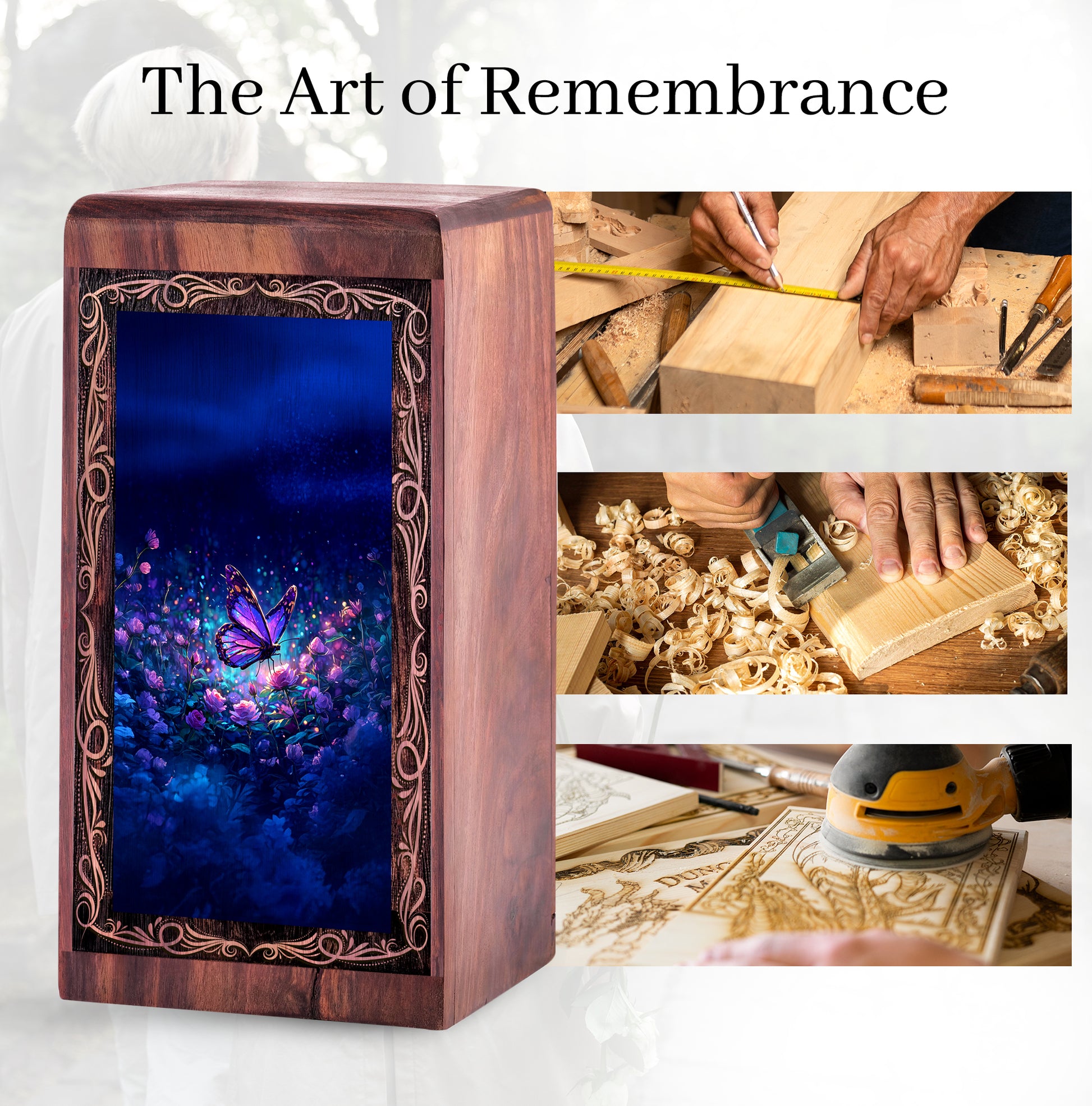 Night Glow Butterfly Wooden Urn Box - Memorial Creamtion Urn For Adult Male